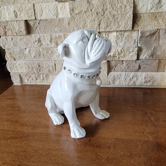 White glossy  english Bulldog figurine rhinestone collar - Picture 7 of 13